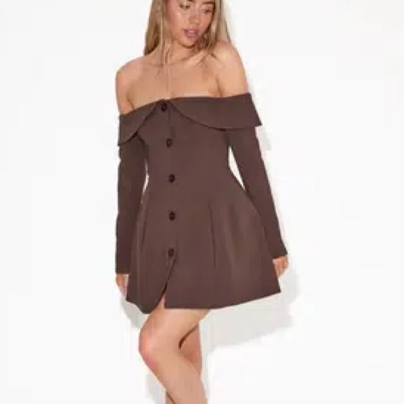 Odd Muse The Ultimate Muse Button Up off shoulder long sleeve Mini Dress Brown - Picture 6 of 9